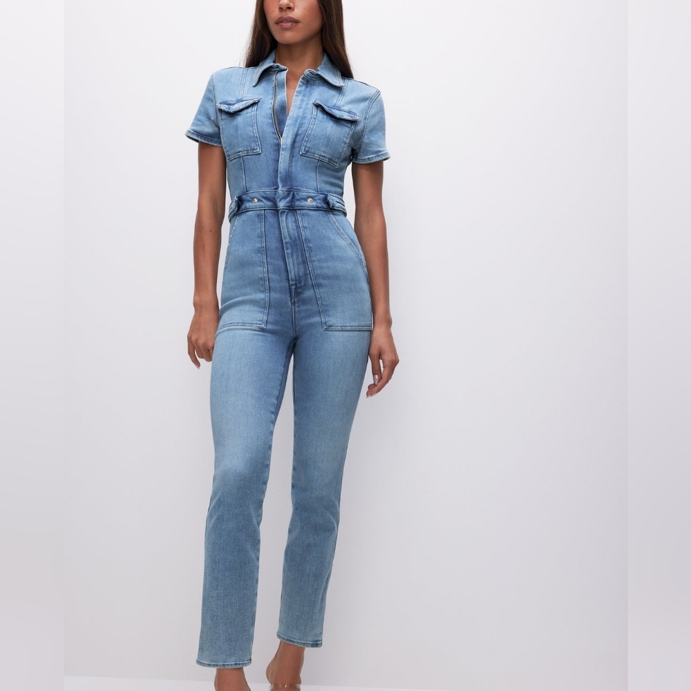 Good American Fit For Success Stretch Blue Denim Jumpsuit Size Medium Petite